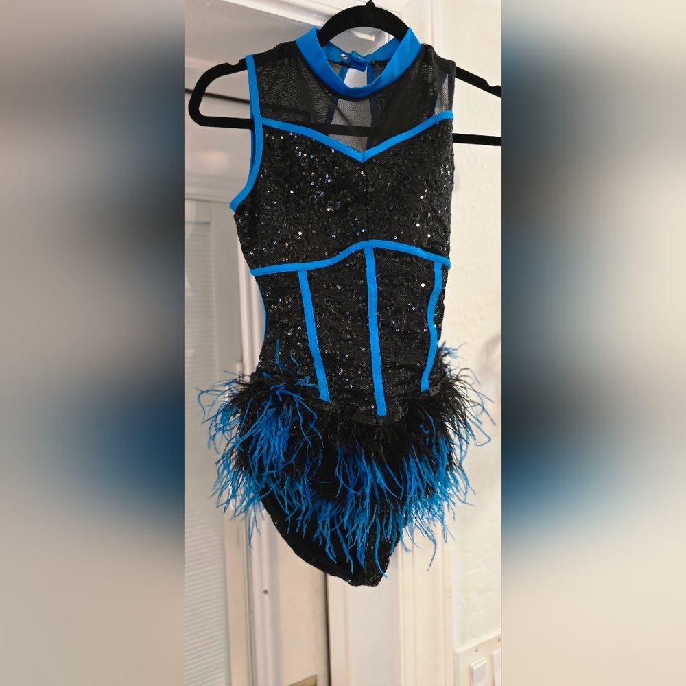 Weissman Feather Dance Costume Girls Size Blue and Black Sequined Leotard
